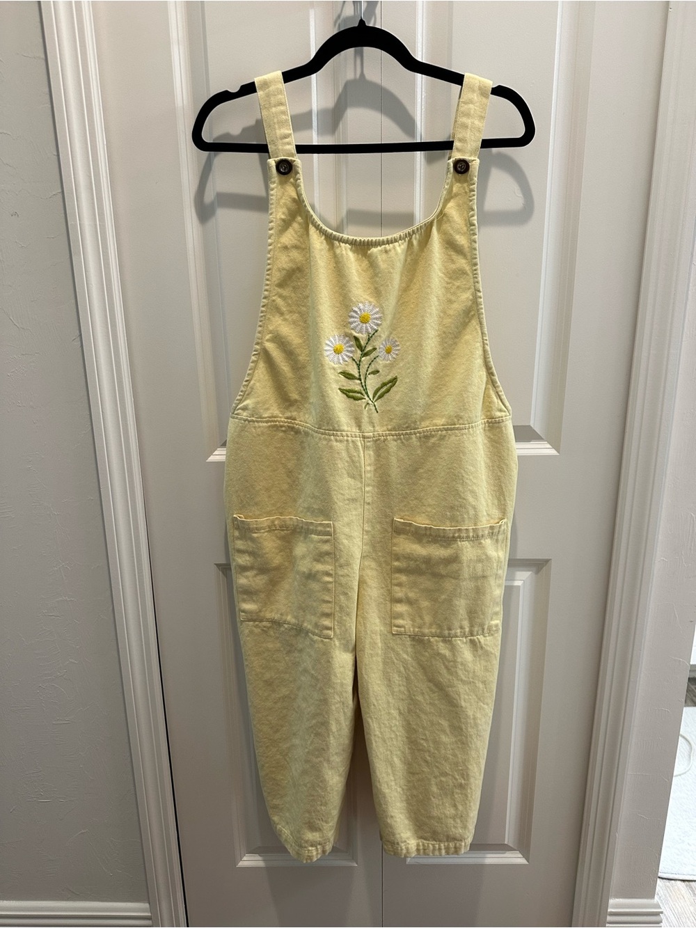 Country Store Butter Yellow Vintage Embroidered Wide Leg Overalls 100% Cotton